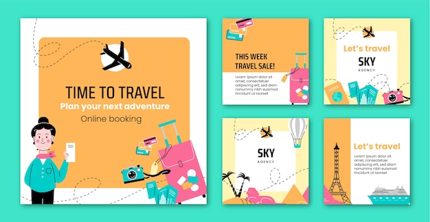 Vecteur gratuit collection de publications instagram d'agence de voyage plate