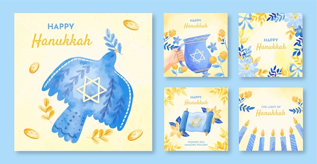 Vecteur gratuit collection de publications instagram aquarelle pour la célébration juive de hanoukka