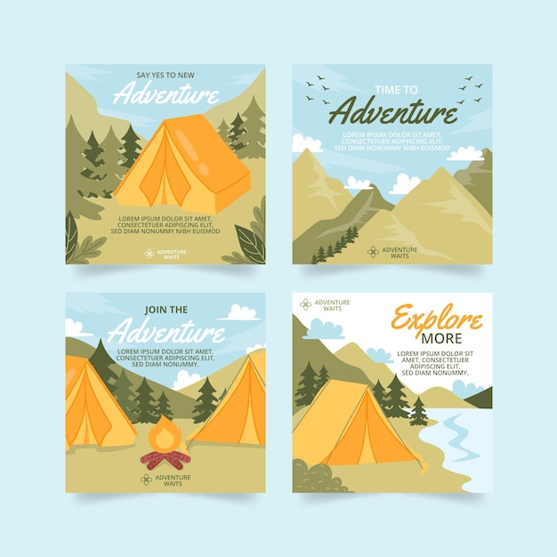 Vecteur gratuit collection de publications instagram d'aventure dessinées à la main