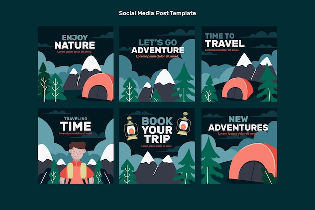 Vecteur gratuit collection de publications instagram d'aventure plate