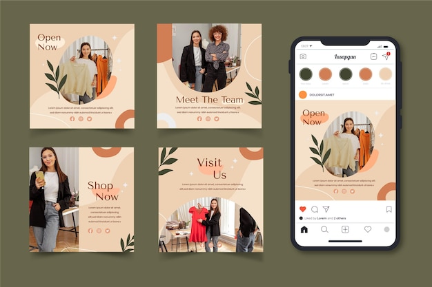 Collection de publications instagram boho plat avec photo