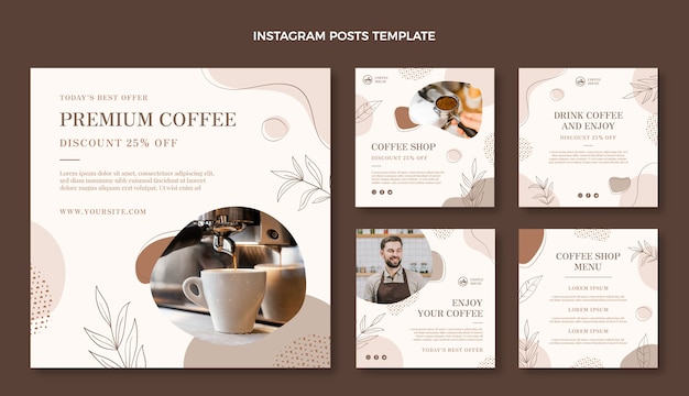 Vecteur gratuit collection de publications instagram de café de texture dessinée à la main