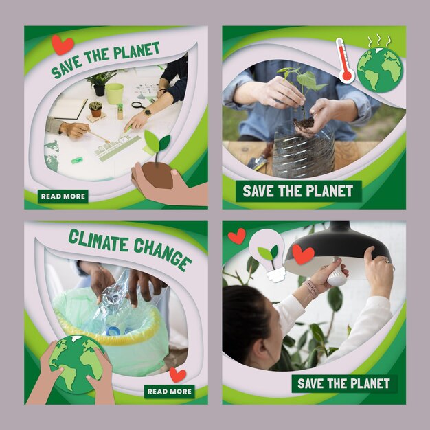 Collection de publications instagram sur le changement climatique de style papier