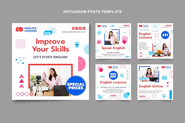 Vecteur gratuit collection de publications instagram de cours d'anglais au design plat