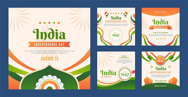 Vecteur gratuit collection de publications instagram dégradées pour la célébration de la fête de l'indépendance de l'inde