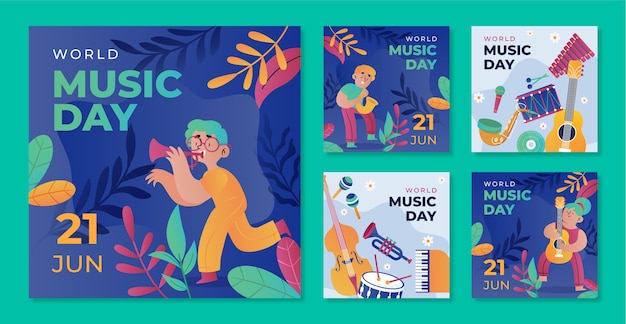 Vecteur gratuit collection de publications instagram dégradées pour la journée mondiale de la musique