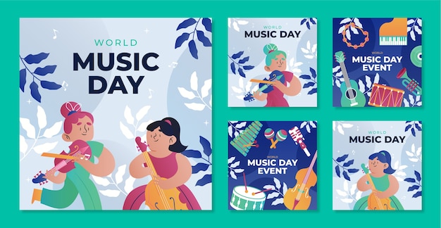 Vecteur gratuit collection de publications instagram dégradées pour la journée mondiale de la musique