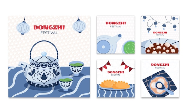 Vecteur gratuit collection de publications instagram du festival dongzhi plat dessiné à la main