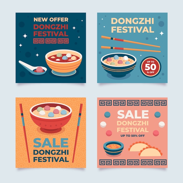 Vecteur gratuit collection de publications instagram du festival dongzhi plat