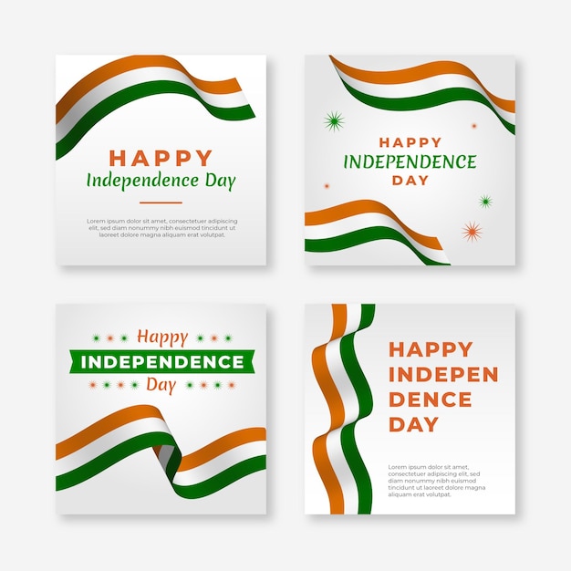 Vecteur gratuit collection de publications instagram du jour de l'indépendance de l'inde dégradée