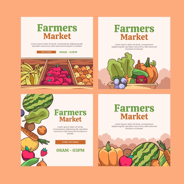 Vecteur gratuit collection de publications instagram du marché fermier dessinées à la main