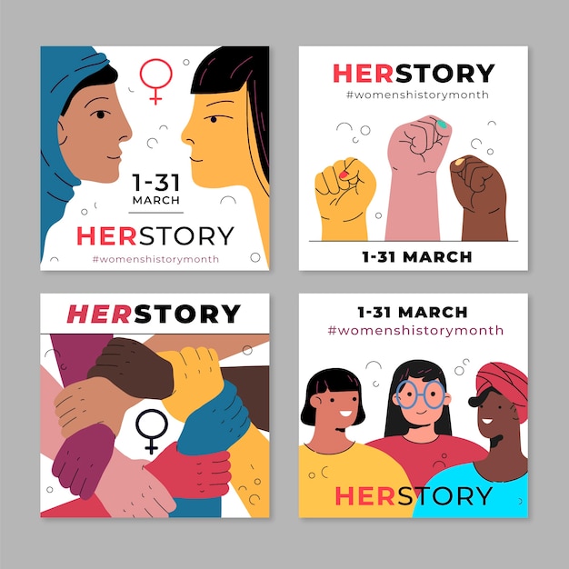 Vecteur gratuit collection de publications instagram du mois de l'histoire des femmes plates