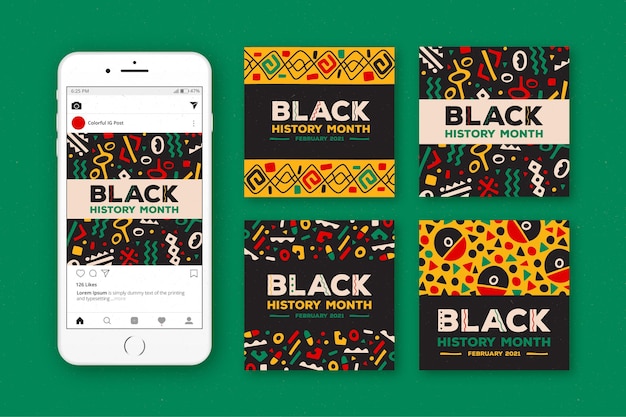Vecteur gratuit collection de publications instagram du mois de l'histoire des noirs dessinés à la main