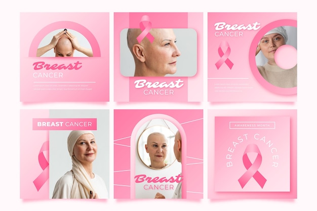 Vecteur gratuit collection de publications instagram du mois de sensibilisation au cancer du sein dégradé avec photo