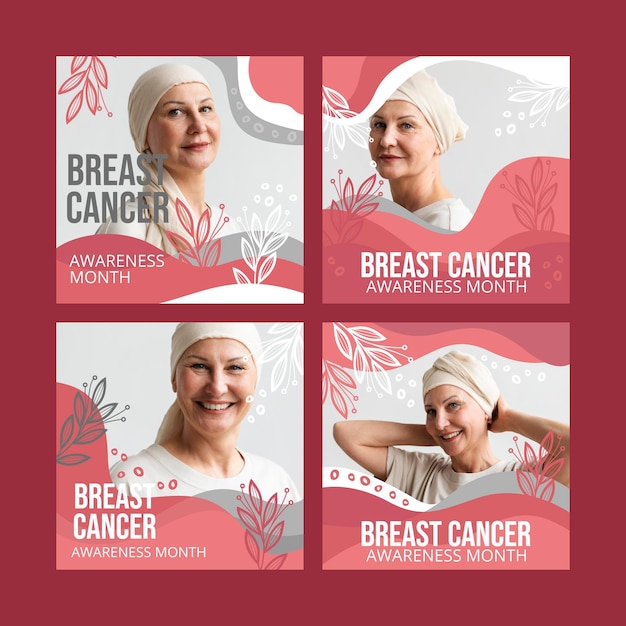 Vecteur gratuit collection de publications instagram du mois de sensibilisation au cancer du sein dessinée à la main avec photo