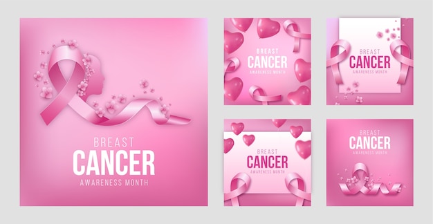 Vecteur gratuit collection de publications instagram du mois de sensibilisation au cancer du sein réaliste