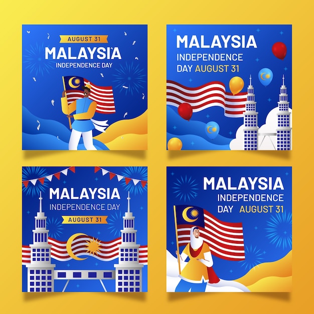 Vecteur gratuit collection de publications instagram de la fête de l'indépendance de la malaisie dégradée