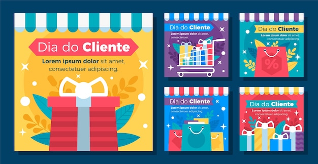 Vecteur gratuit collection de publications instagram flat dia do cliente