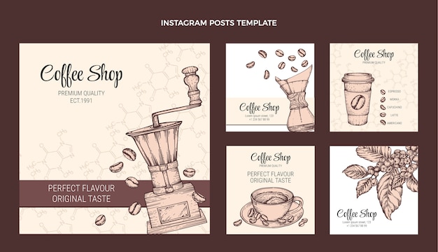 Collection de publications instagram de gravure dessinée à la main pour café