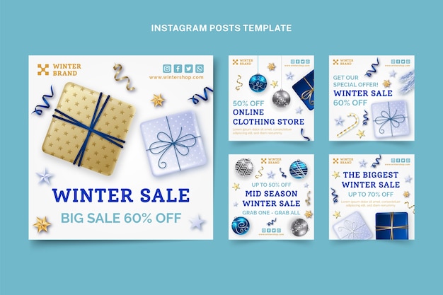 Vecteur gratuit collection de publications instagram d'hiver réalistes