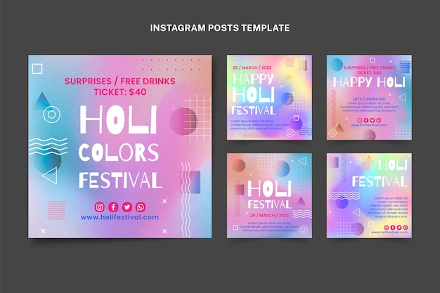 Vecteur gratuit collection de publications instagram holi dégradé