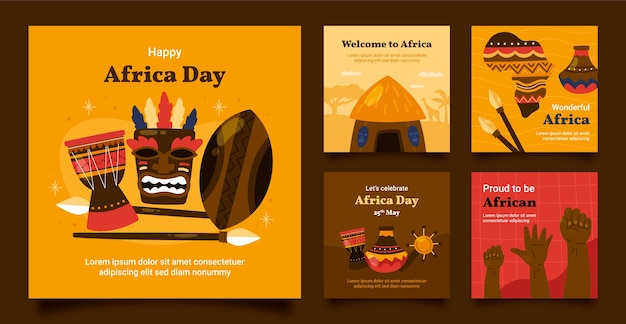 Vecteur gratuit collection de publications instagram de la journée de l'afrique dessinées à la main