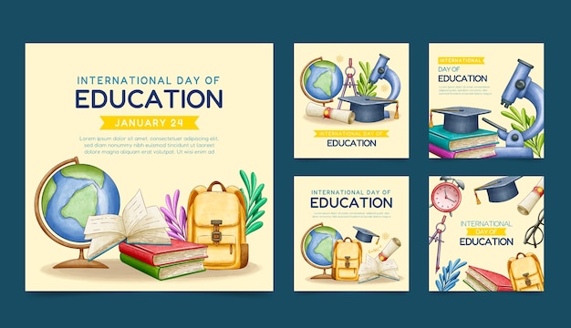 Vecteur gratuit collection de publications instagram de la journée internationale de l'éducation