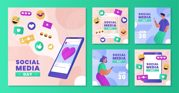 Vecteur gratuit collection de publications instagram de la journée des médias sociaux dégradés