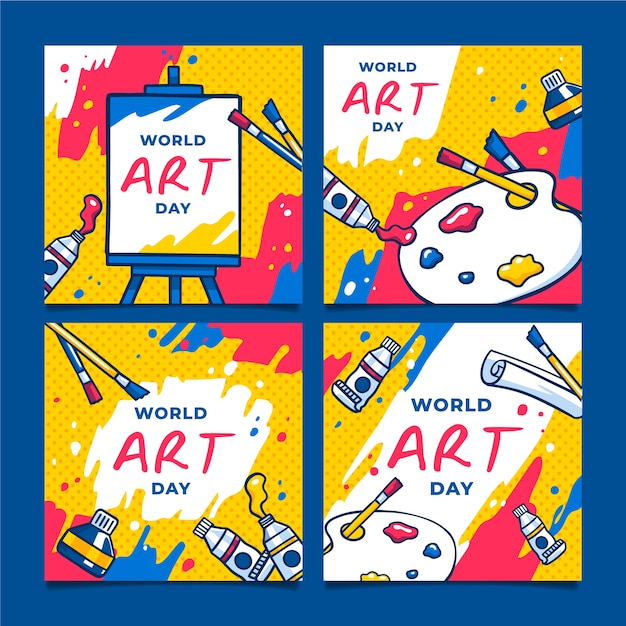 Vecteur gratuit collection de publications instagram de la journée mondiale de l'art dessinées à la main