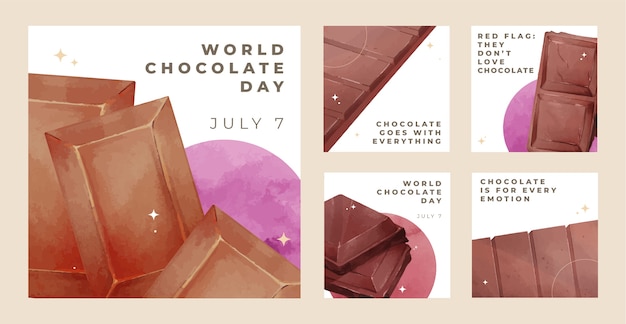 Vecteur gratuit collection de publications instagram de la journée mondiale du chocolat aquarelle