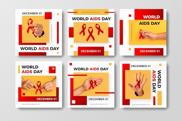 Vecteur gratuit collection de publications instagram de la journée mondiale du sida en dégradé