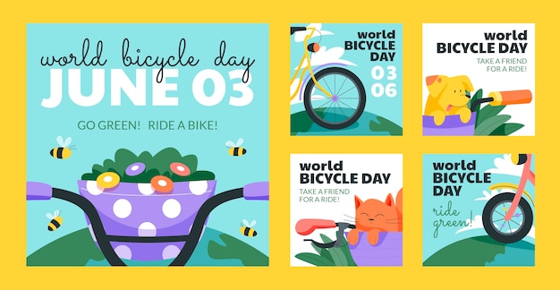 Vecteur gratuit collection de publications instagram de la journée mondiale du vélo plat