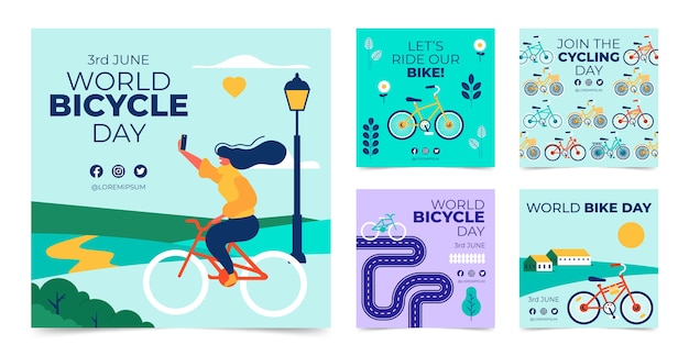 Vecteur gratuit collection de publications instagram de la journée mondiale du vélo plat