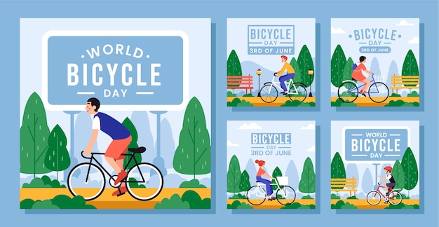 Vecteur gratuit collection de publications instagram de la journée mondiale du vélo plat