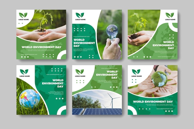 Vecteur gratuit collection de publications instagram de la journée mondiale de l'environnement plat