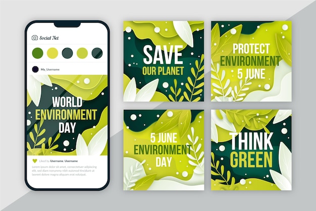 Vecteur gratuit collection de publications instagram de la journée mondiale de l'environnement plat