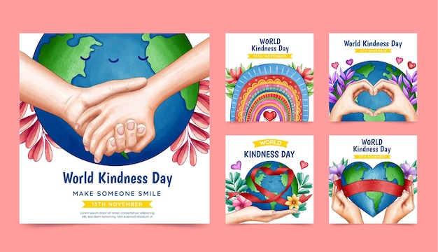 Vecteur gratuit collection de publications instagram de la journée mondiale de la gentillesse à l'aquarelle