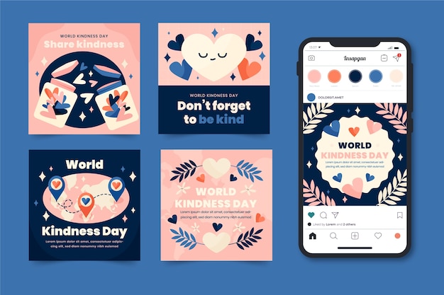 Vecteur gratuit collection de publications instagram de la journée mondiale de la gentillesse dessinée à la main