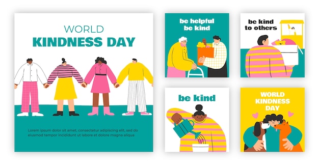 Vecteur gratuit collection de publications instagram de la journée mondiale de la gentillesse dessinée à la main