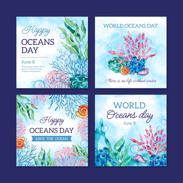 Collection De Publications Instagram De La Journée Mondiale Des Océans à L'aquarelle