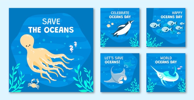 Vecteur gratuit collection de publications instagram de la journée mondiale des océans