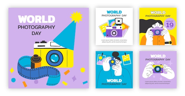 Collection de publications instagram de la journée mondiale de la photographie à plat