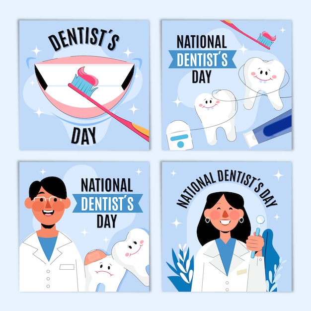 Vecteur gratuit collection de publications instagram de la journée nationale des dentistes plats