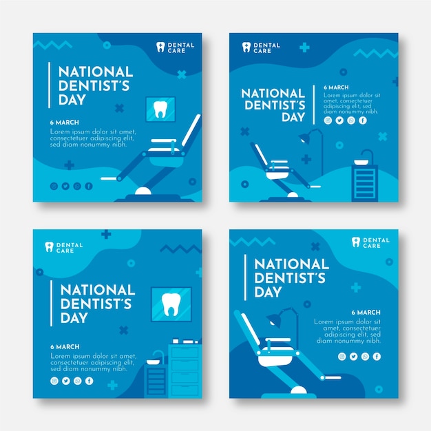 Vecteur gratuit collection de publications instagram de la journée nationale des dentistes plats