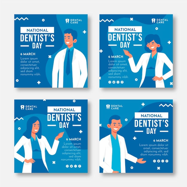 Vecteur gratuit collection de publications instagram de la journée nationale des dentistes plats