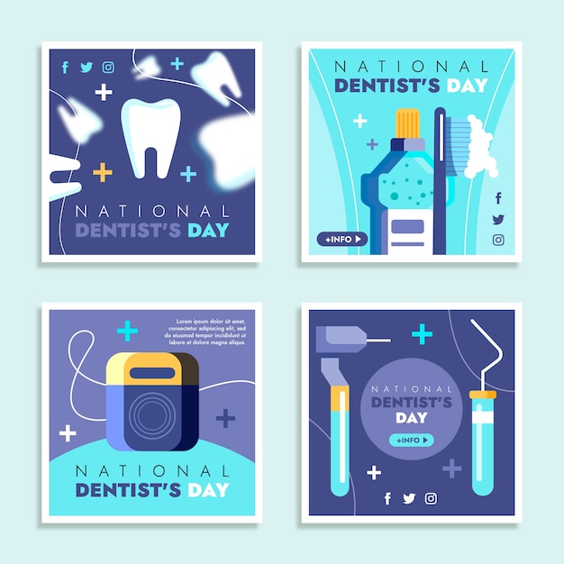 Vecteur gratuit collection de publications instagram de la journée nationale des dentistes plats