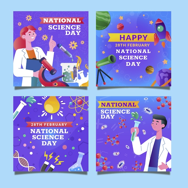 Vecteur gratuit collection de publications instagram de la journée nationale de la science dégradée