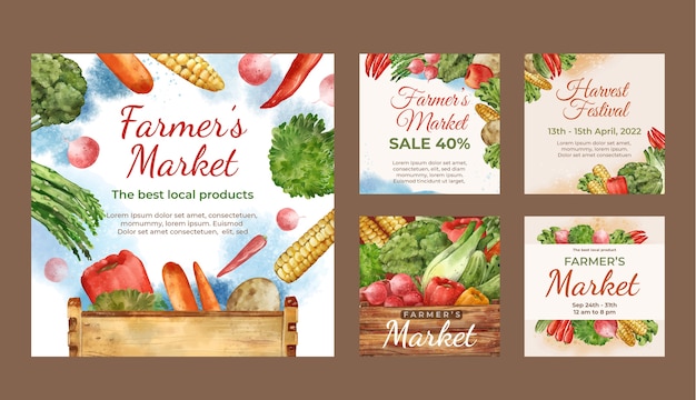 Vecteur gratuit collection de publications instagram sur le marché des agriculteurs aquarelle