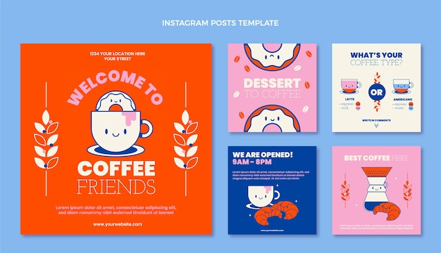 Vecteur gratuit collection de publications instagram minimales plates pour café