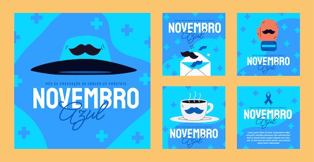 Vecteur gratuit collection de publications instagram de novembre bleu plat en espagnol